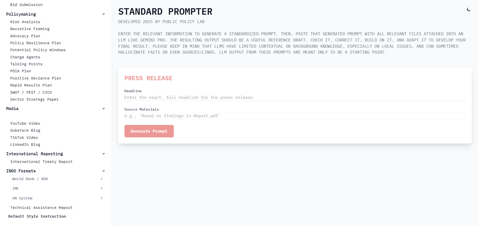 Standard Prompter &ndash; press release template with headline and source material fields